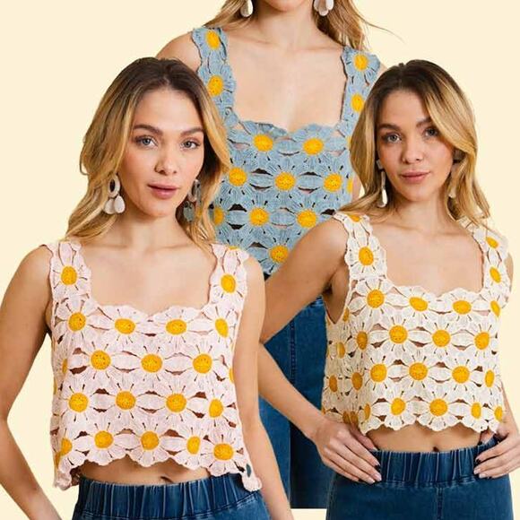 Cute Boho Daisy Crochet Crop Camisole Overlay Top White Yellow - Picture 3 of 3